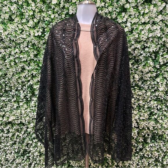 Vintage black scalloped sequin scarf lightweight dressy evening EUC - Picture 2 of 16